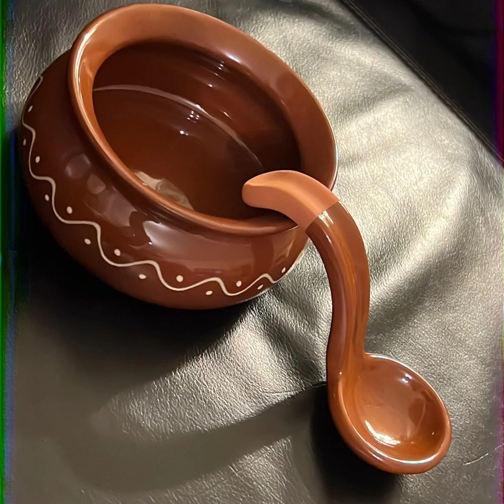 Sur la Table Vintage Redware Bowl and Ladle Spoon Pottery Brown Terracotta NEW